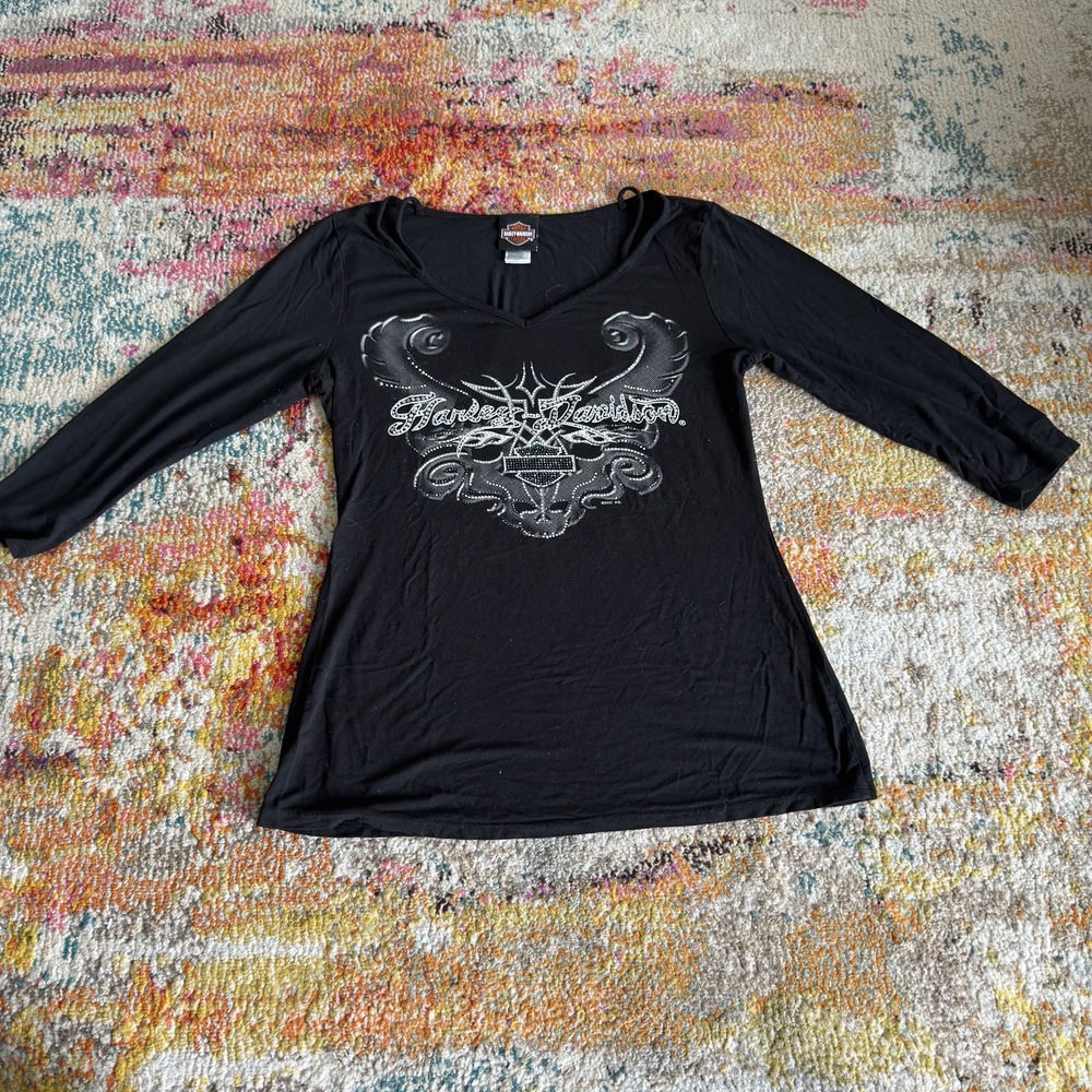 Harley-Davidson Womens Rhinestone Graphic 3/4 Sleeve Top Black Medium